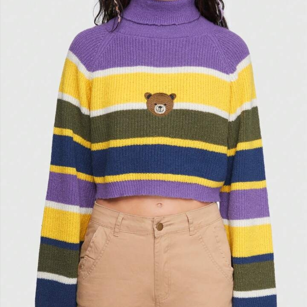 Romwe Kawaii Striped Pattern Bear Embroidery Raglan Sleeve Crop Sweater Size M